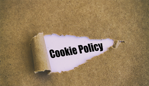 Scritta cookie policy visibile da uno strappo in un tessuto di iuta marroncina