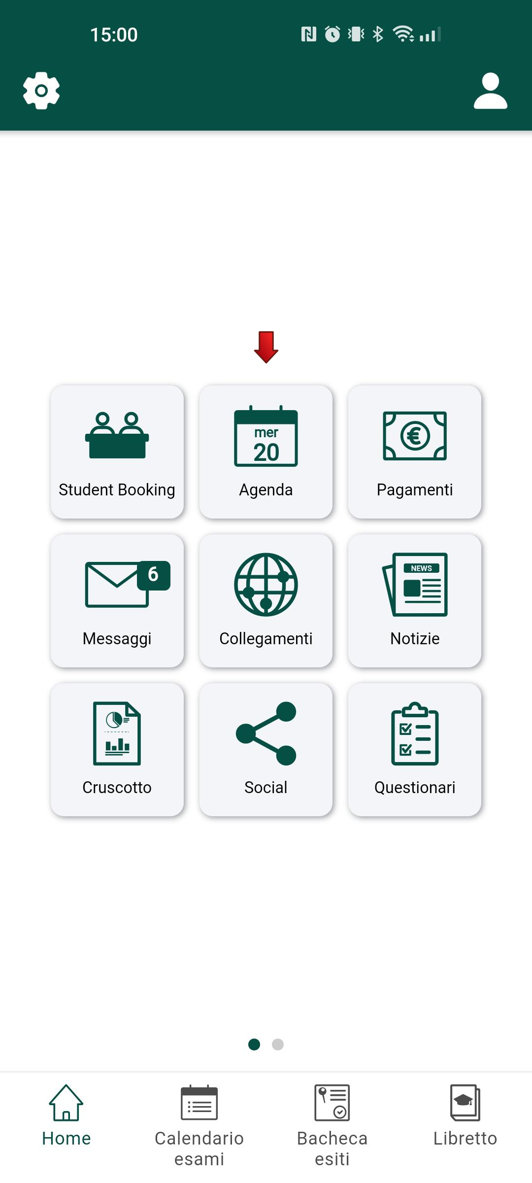 Homepage di App Uninsubria con i pulsanti delle funzionalità e freccia rossa che indica quello dell'Agenda