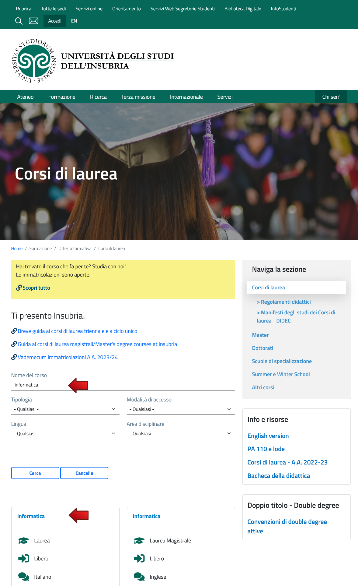 Corsi di laurea: come cerco un corso e dov'è la sua card