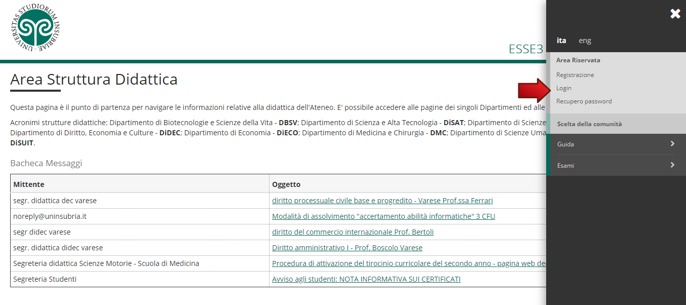 Servizi Web Segreterie Studenti - Nel menu, la voce Login