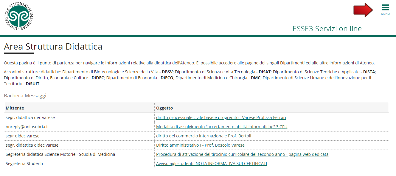 Servizi Web Segreterie Studenti - Dov'è il menu