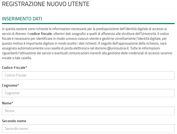 Identità digitale - La prima parte del modulo di registrazione