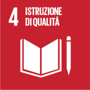 4 Istruzione di qualità, scritta bianca su sfondo rosso, libro e matita stilizzati