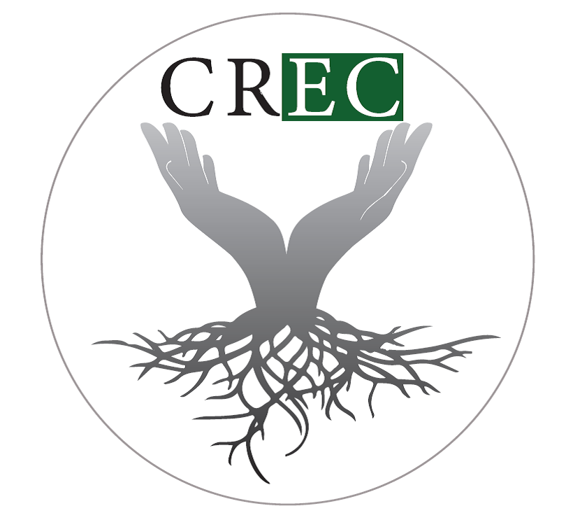 Acronimo CREC e due mani che accolgono la cura e con radici simbolo di stabilità