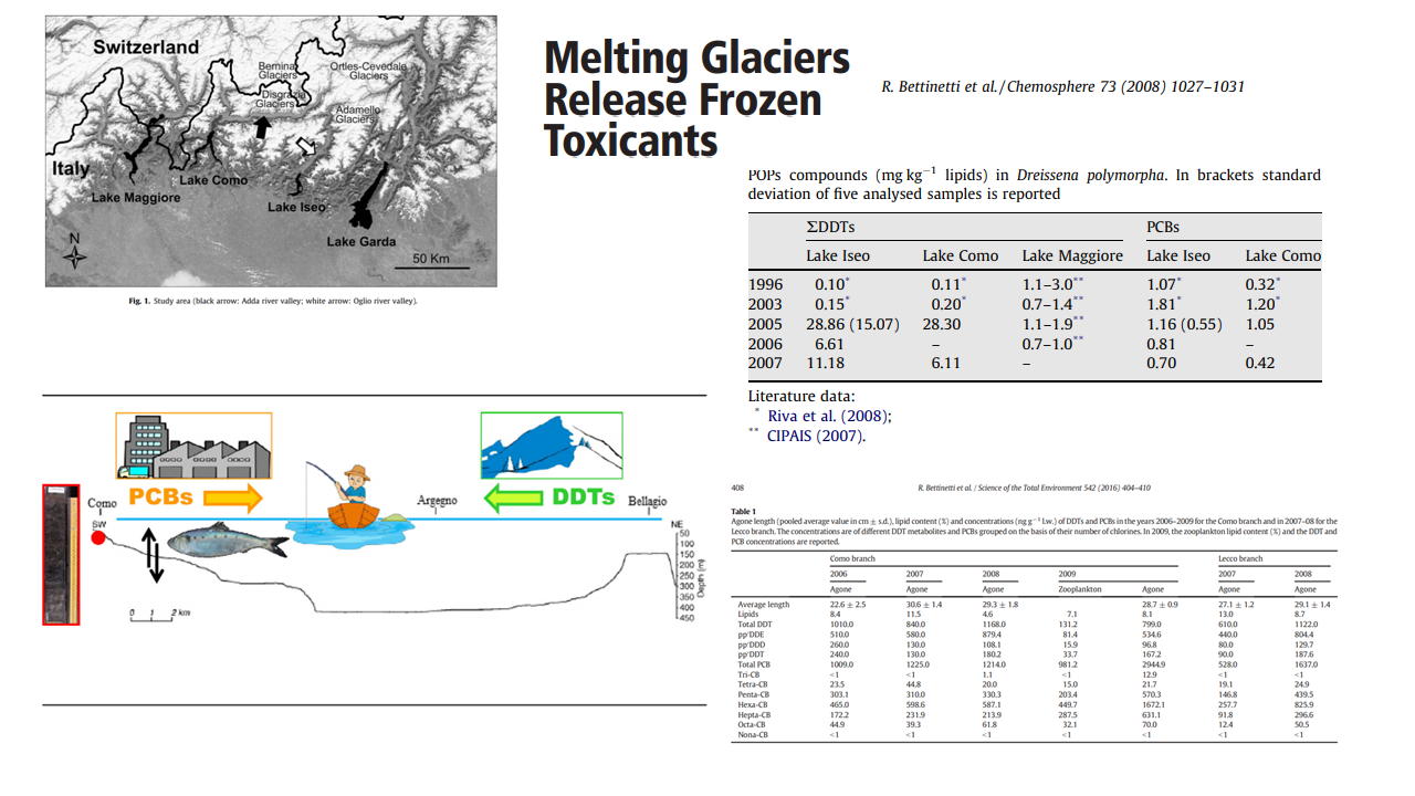 Foto laghi del nord Italia, grafici contenenti dati, rappresentazione grafica fasi del rilascio degli elementi tossici