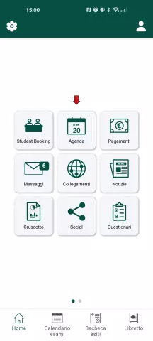Homepage di App Uninsubria con i pulsanti delle funzionalità e freccia rossa che indica quello dell'Agenda