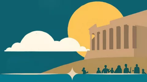 Tempio greco stilizzato, con sole, nuove e persone