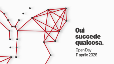 Farfalla stilizzata con scritta: "Qui succede qualcosa. Open Day 11 aprile 2026"