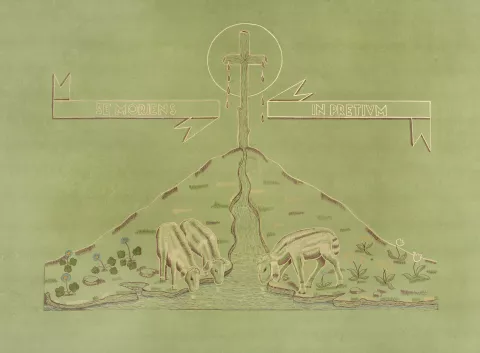 Carlo Cocquio, Crocifisso e agnelli che si abbeverano, 1945-148 ca.
