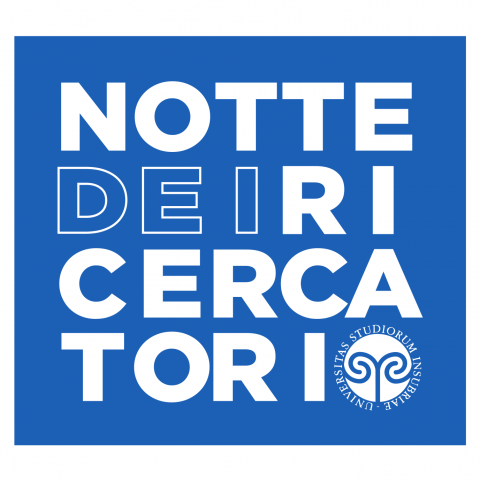 Logo Notte dei ricercatori - scritta con sfondo blu