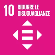 10 Ridurre le disuguaglianze, scritta bianca su sfondo fuxia, simbolo dell'uguale circondato da freccine