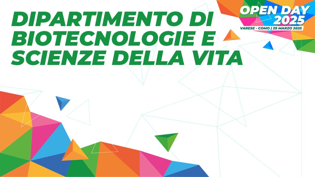 Logo con triangoli colorati - Dipartimento di Biotecnologie e scienze della vita - Open Day 29 marzo 2025