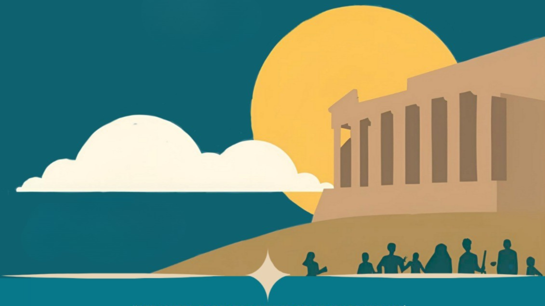 Tempio greco stilizzato, con sole, nuove e persone