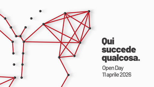 Farfalla stilizzata con scritta: "Qui succede qualcosa. Open Day 11 aprile 2026"