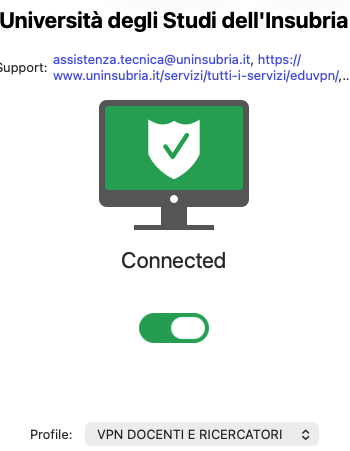 Icona PC verde con scudo bianco con spunta verde di avvenuta connessione e scritta Connected