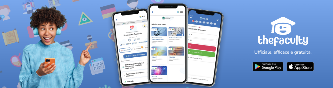 Persona sorridente, tre smartphones e i loghi di thefaculty e degli stores Google e Apple su sfondo blu
