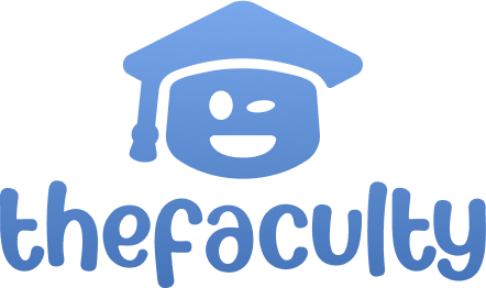 Icona di faccia sorridente con tocco in testa e scritta thefaculty, tutto in blu