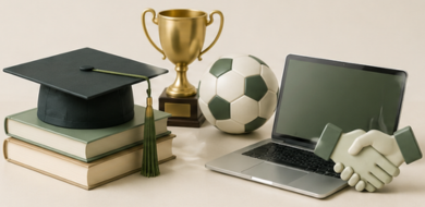 Libri con tocco, coppa, pallone, personal computer e mani che si stringono, il tutto su sfondo beige