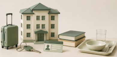 Valigia, edificio, libri, tesserino personale, vassoio con piatto, bicchiede e posate, tutto su sfondo beige