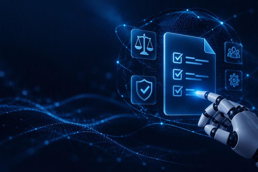 Mano robotica che interagisce con una checklist digitale, affiancata da simboli di sicurezza, responsabilità e persone, su sfondo blu scuro.