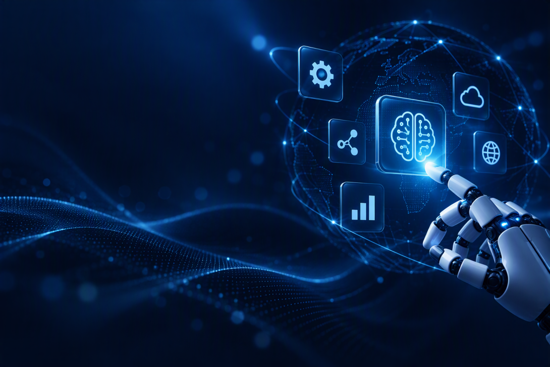 Mano robotica che interagisce con un’interfaccia digitale dedicata all’intelligenza artificiale, su sfondo blu con rete globale e icone tecnologiche.